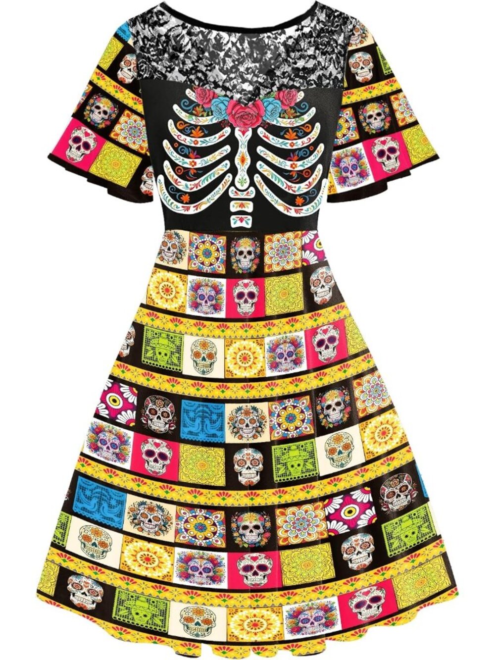 Women's Floral Skull Halloween Neckline Lace Flutter Sleeve A-Line Party Dresses